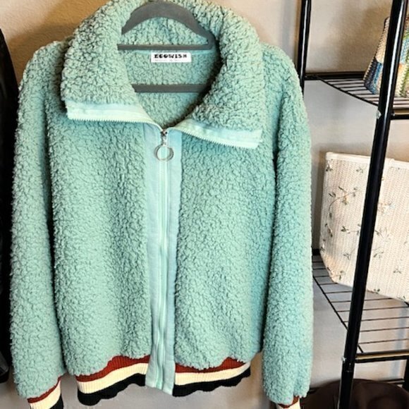 BUNDLE 3 FOR $18-Ecowish Women Small Pale Green Faux Fuzzy Sherpa Collar Bomber - Picture 10 of 13